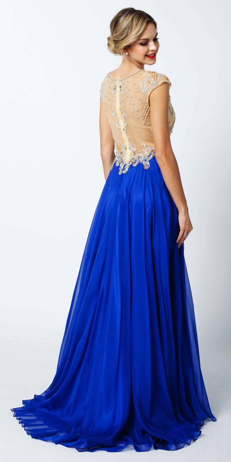 Juliet 636 Beaded Bodice Cap Sleeve Prom Gown with Slit and Train by DiscountDressShop