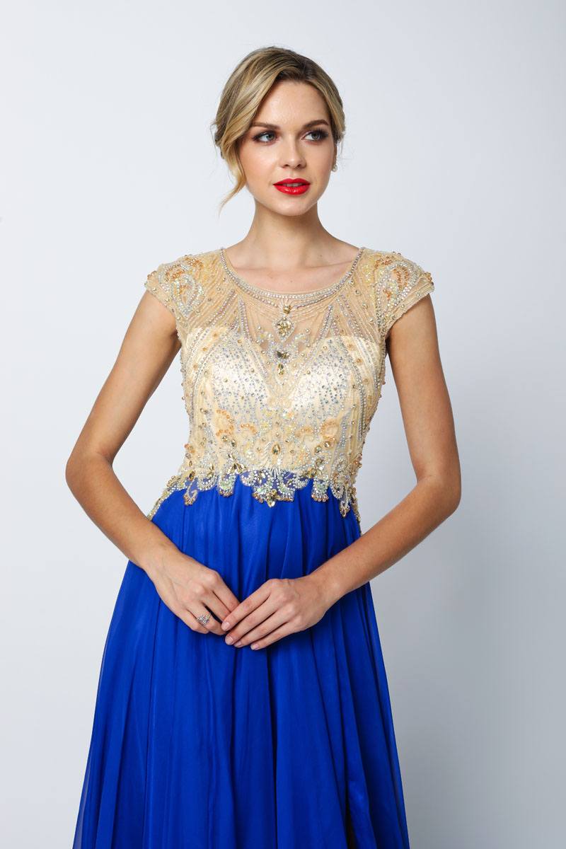 Juliet 636 Beaded Bodice Cap Sleeve Prom Gown with Slit and Train by DiscountDressShop