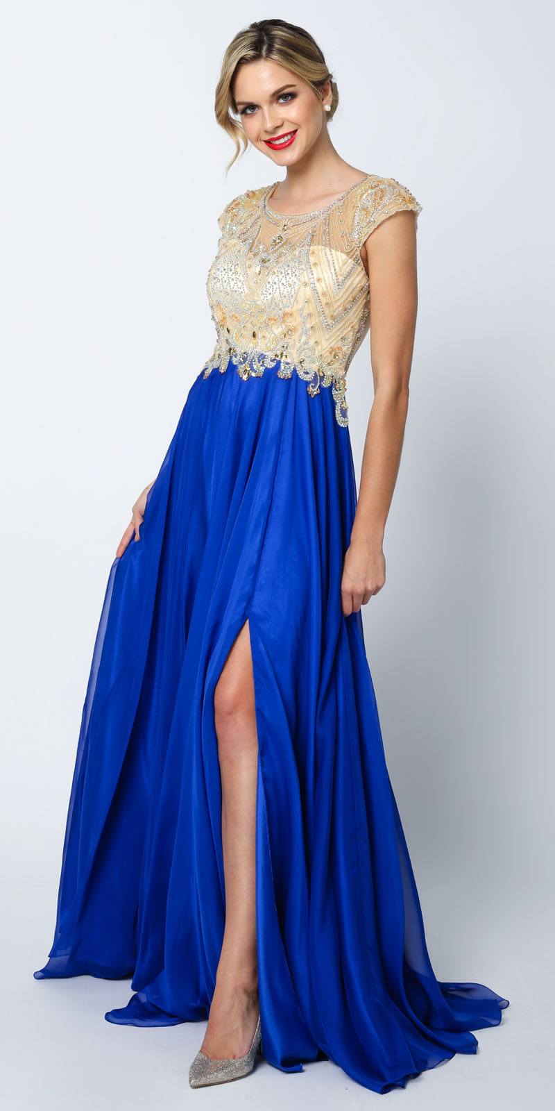 Juliet 636 Beaded Bodice Cap Sleeve Prom Gown with Slit and Train by DiscountDressShop