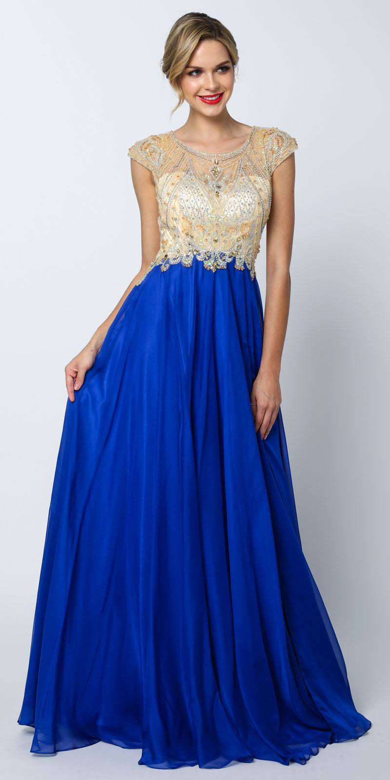 Juliet 636 Beaded Bodice Cap Sleeve Prom Gown with Slit and Train by DiscountDressShop