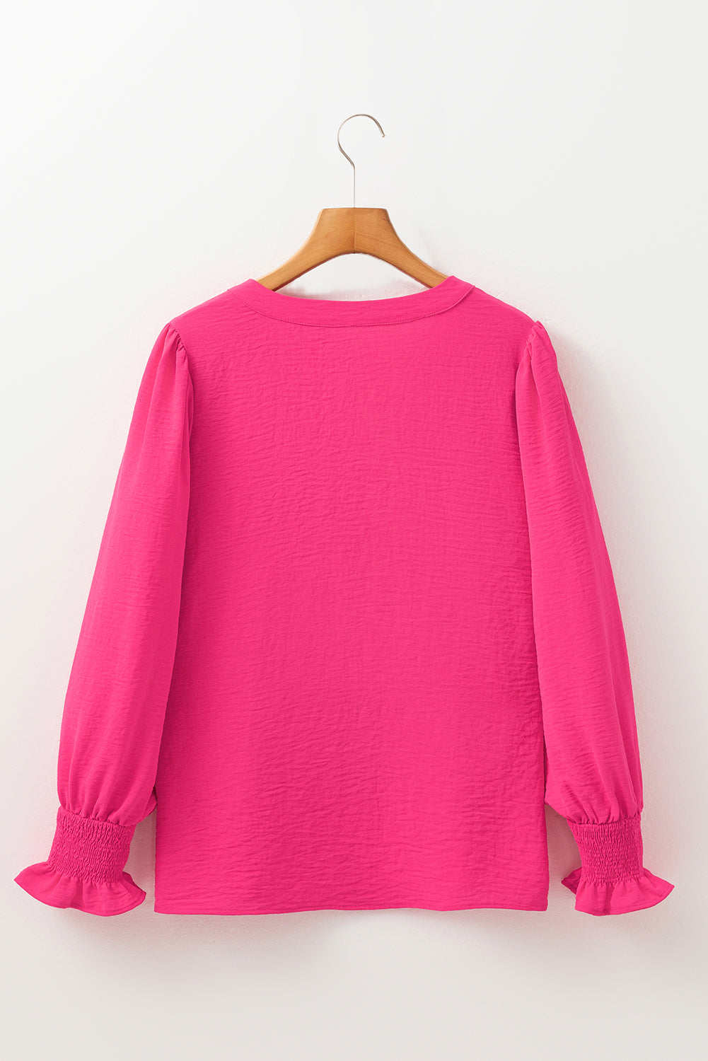 Rose Red Solid Color Shirred Cuff Notch V Neck Blouse by Wild and Free Boutique