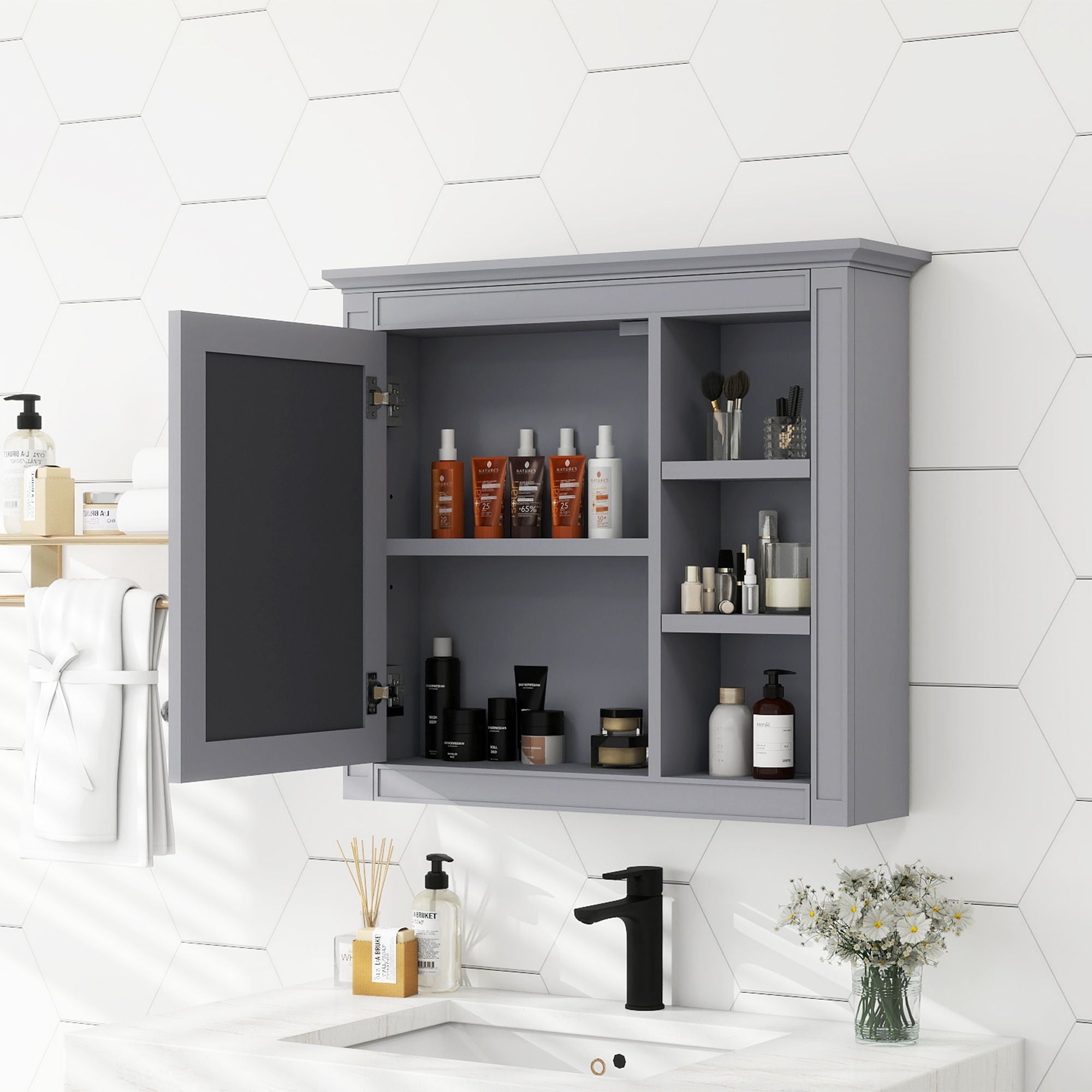 Wall Mounted Medicine Cabinet With Mirror And 3 Open Shelves by Unique Piece Furniture
