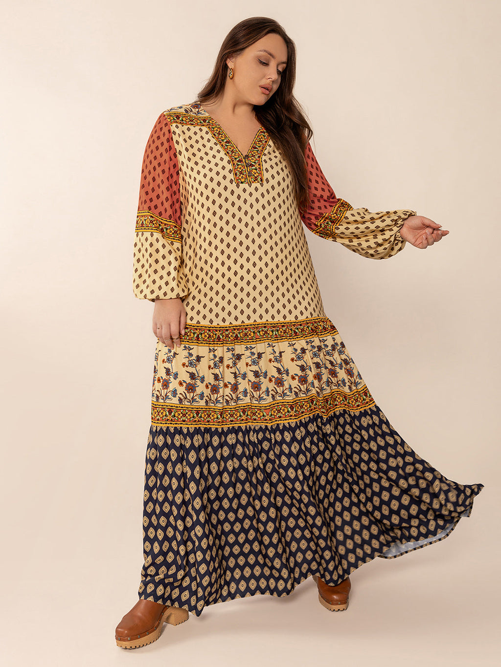 Plus Size Printed V-Neck Long Sleeve Maxi Dress by Wild and Free Boutique