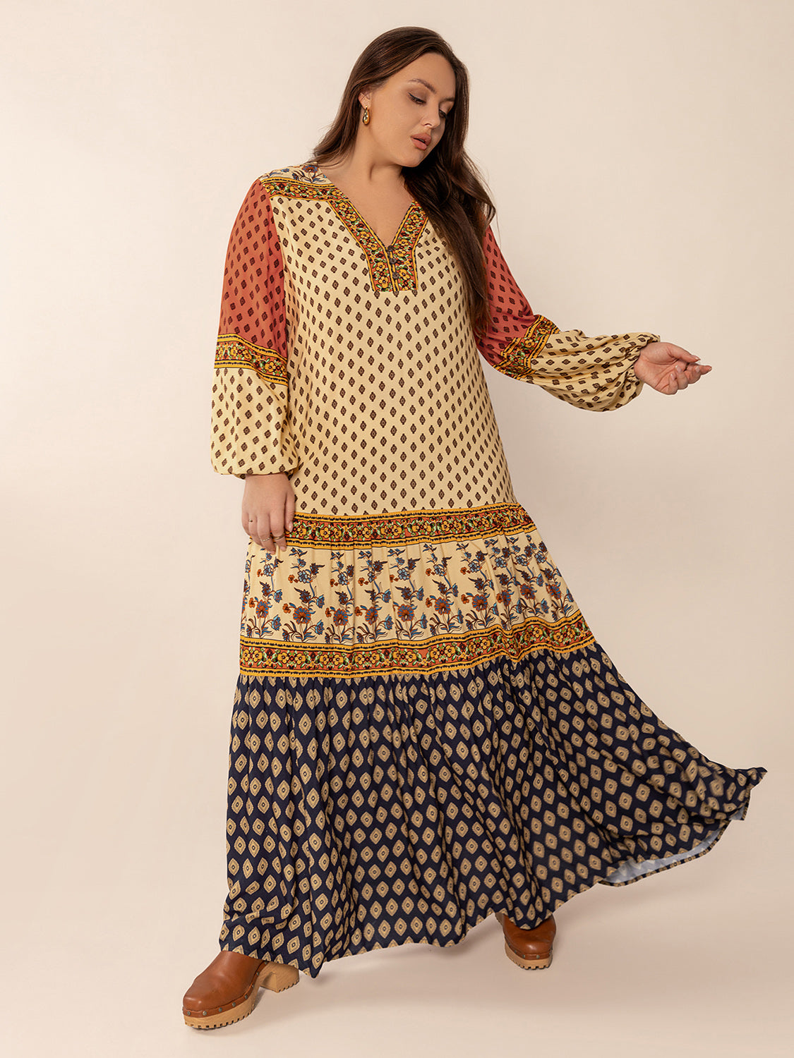 Plus Size Printed V-Neck Long Sleeve Maxi Dress by Wild and Free Boutique