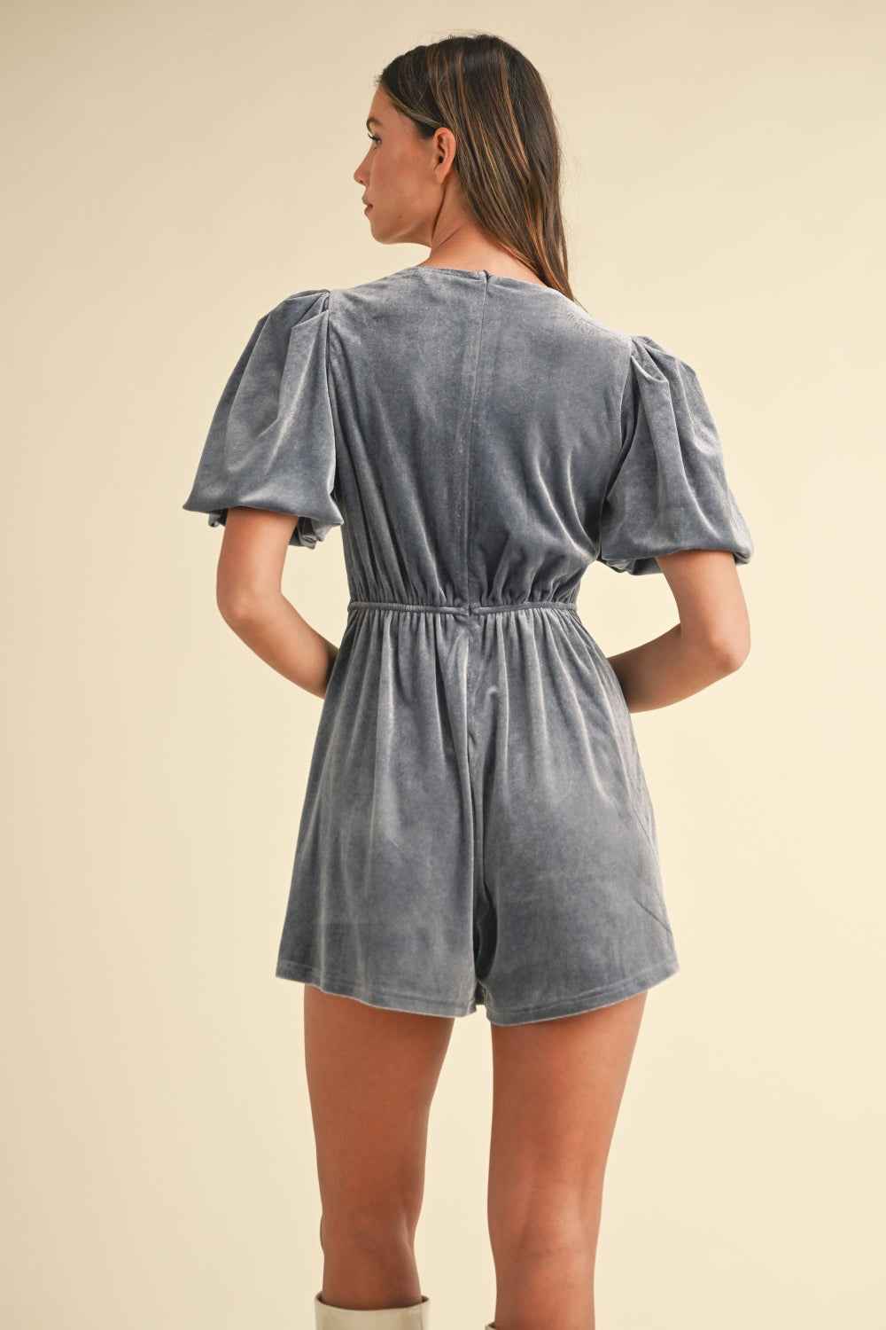 Mable Jewel Bow Decor Puff Sleeve Velvet Romper by Wild and Free Boutique