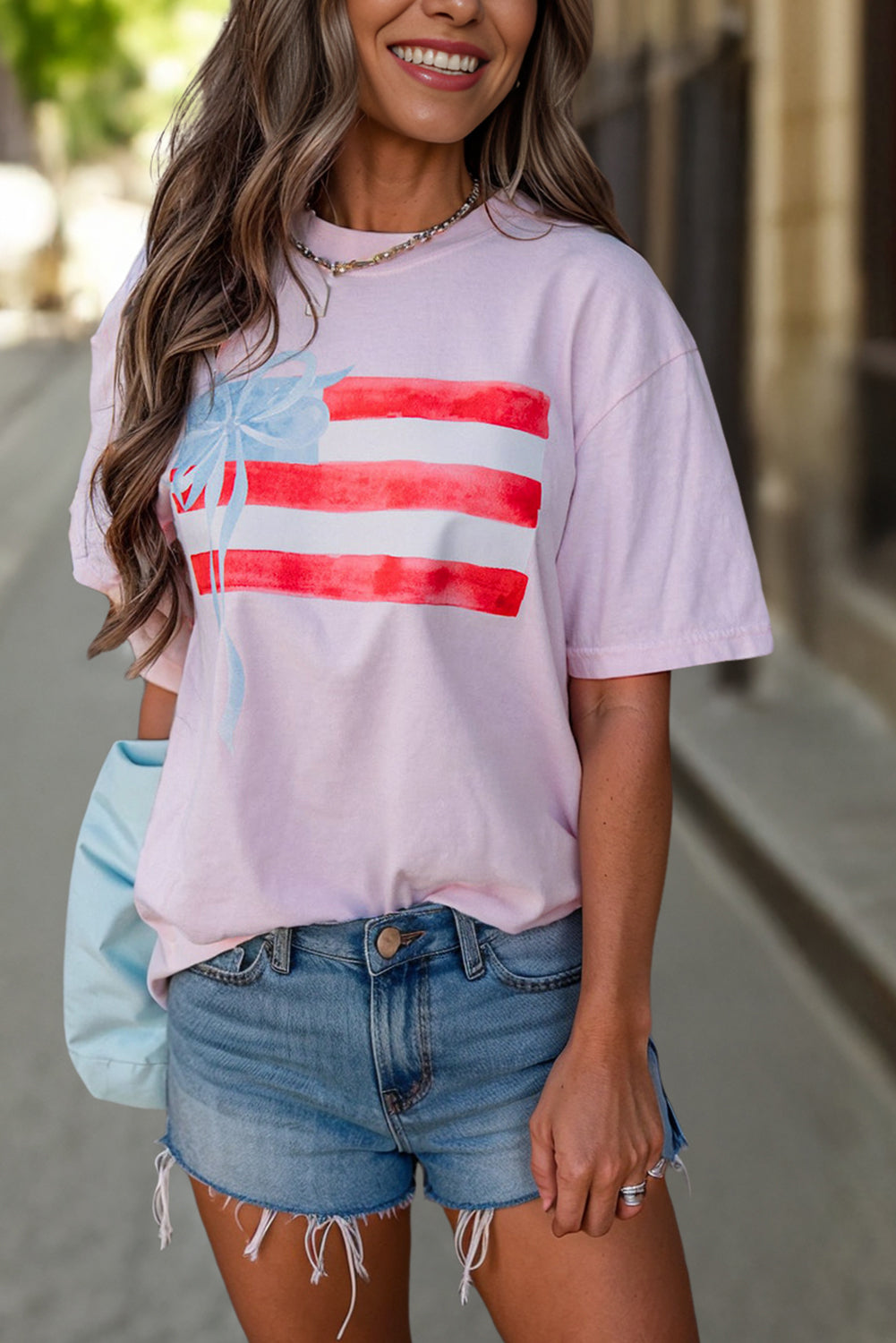 Light Pink Flag Bow Graphic Crewneck Tee by Dear-Lover Dropshipping