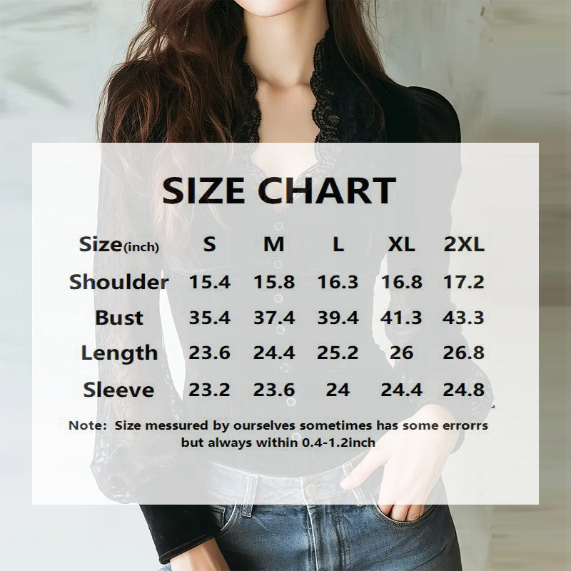Women's Velvet & Lace Trim Top V-Neck Long Sleeve Blouse by FitiqueFit