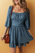 Real Teal Frilled Neckline 3/4 Sleeve Layered Ruched Mini Dress by Dear-Lover Dropshipping