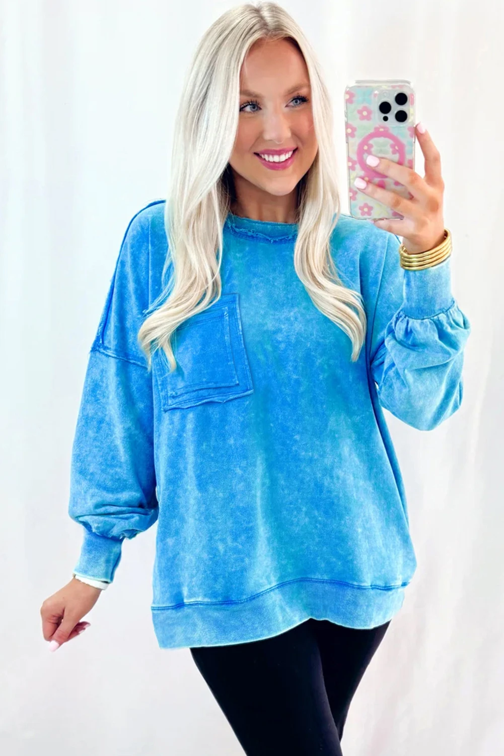 Blue Mineral Wash Raw Seam Double Patched Pocket Pullover Sweatshirt by Wild and Free Boutique