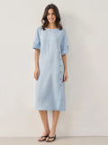 100% Linen Round Neck Button Detail Midi Dress JELENA by LINTICO