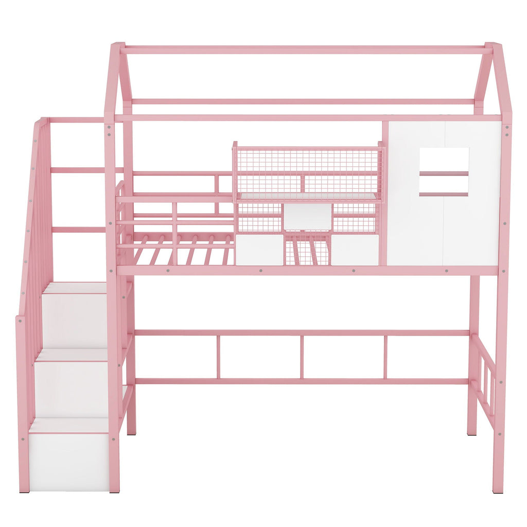 Metal Loft Bed With Roof Design And Storage Box With Guardrails And Integrated Ladder by Unique Piece Furniture