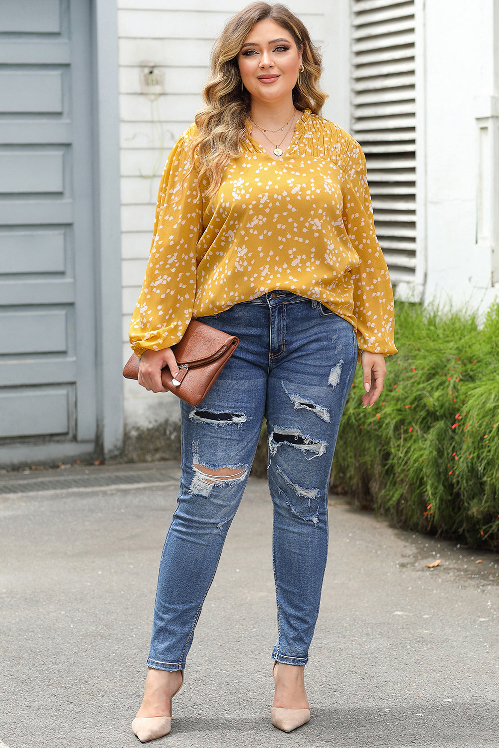 Yellow Plus Size Floral Print Ruched Split Neck Blouse by Dear-Lover Dropshipping