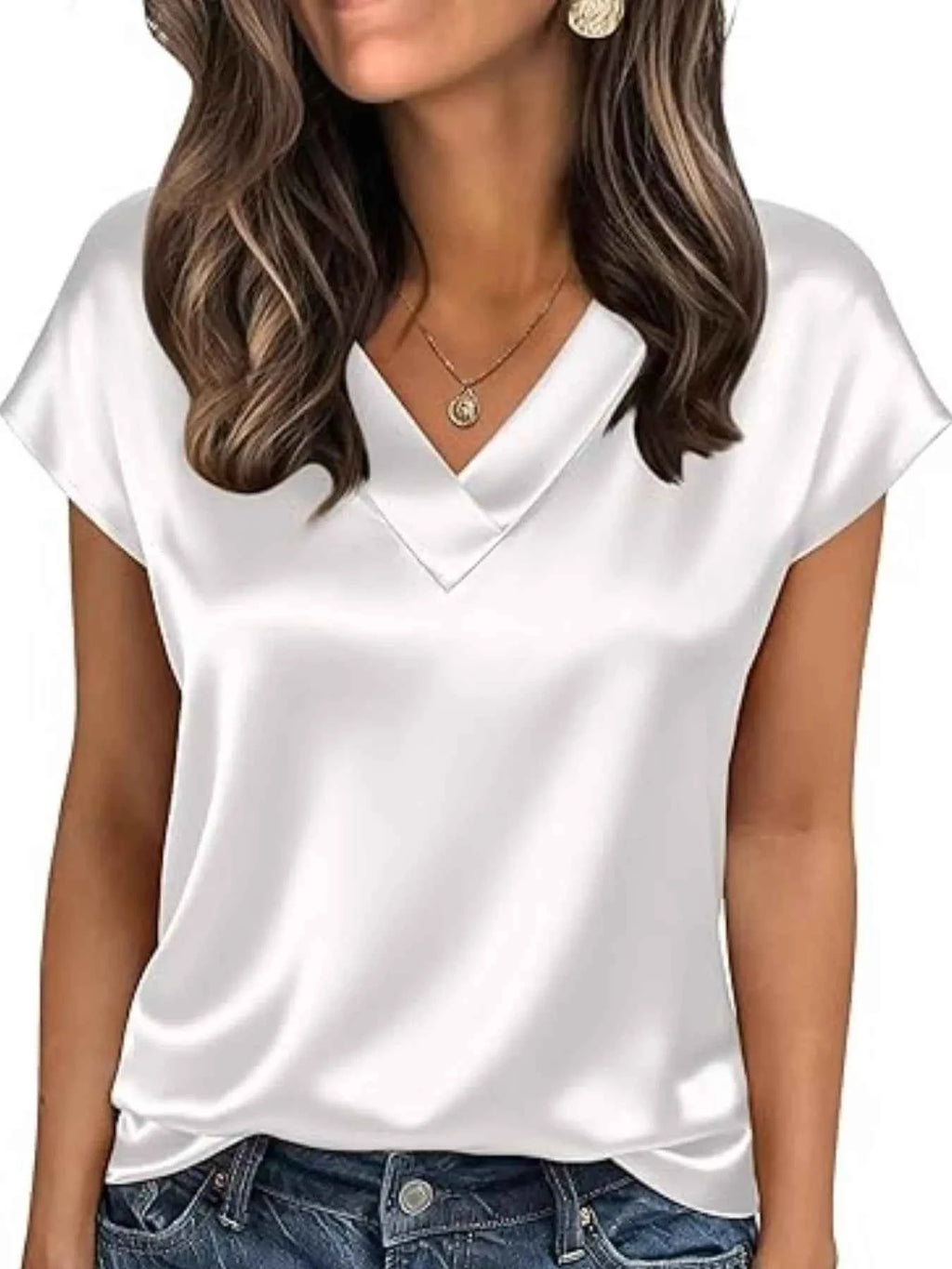 Satin V-Neck Short Sleeve Blouse by Wild and Free Boutique