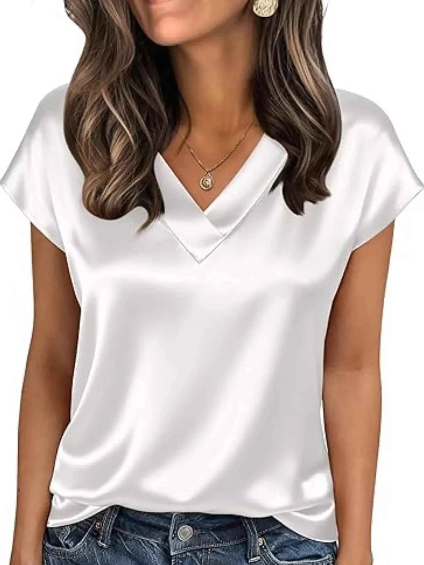 Satin V-Neck Short Sleeve Blouse by Wild and Free Boutique