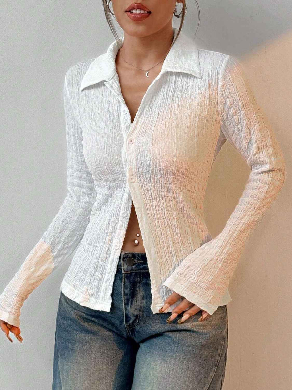 Wrinkled Collared Neck Long Sleeve Shirt by Wild and Free Boutique