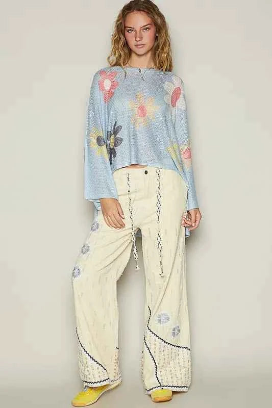 POL Flower Dropped Shoulder Long Sleeve Knit Top by Wild and Free Boutique
