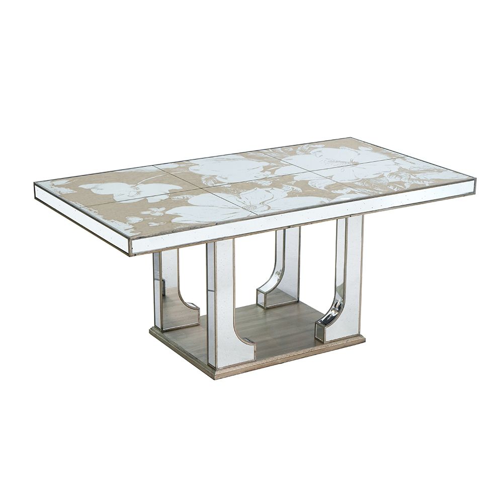 Large Mirrored Dining Table With Elegant Floral Design And - Silver Multi by Unique Piece Furniture