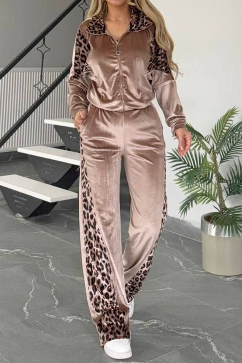 Full Size Collared Neck Leopard Zip Up Top and Pants Set Plus Size by Wild and Free Boutique