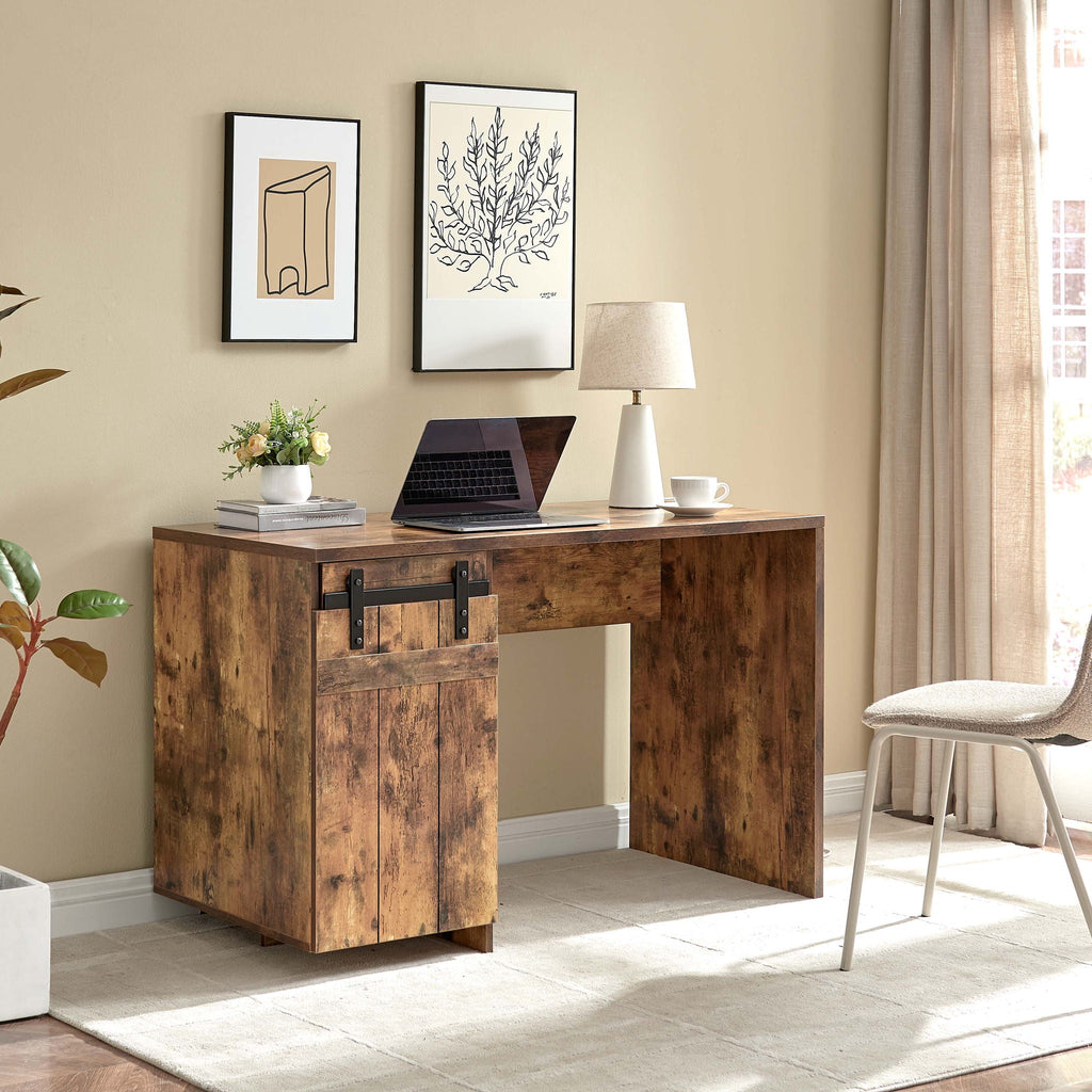 Home Office Desk One Cabinet Three Shelves Faux Barn Door On Metal Euro Hinges Modesty Panel - Distressed Wood by Unique Piece Furniture