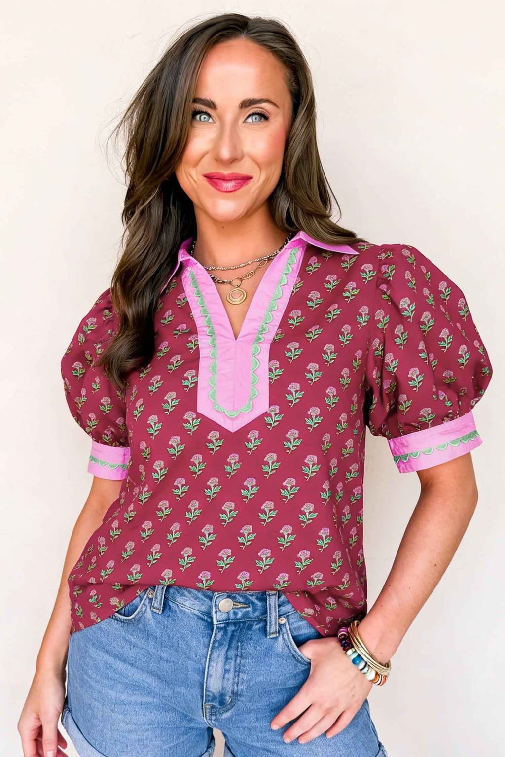Red Contrast Collared V Neck Ricrac Trim Short Puff Sleeve Flower Blouse by Wild and Free Boutique