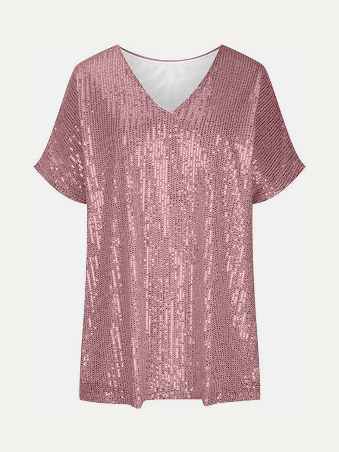 Full Size Sequin V-Neck Short Sleeve Top for Women by Selvanelle