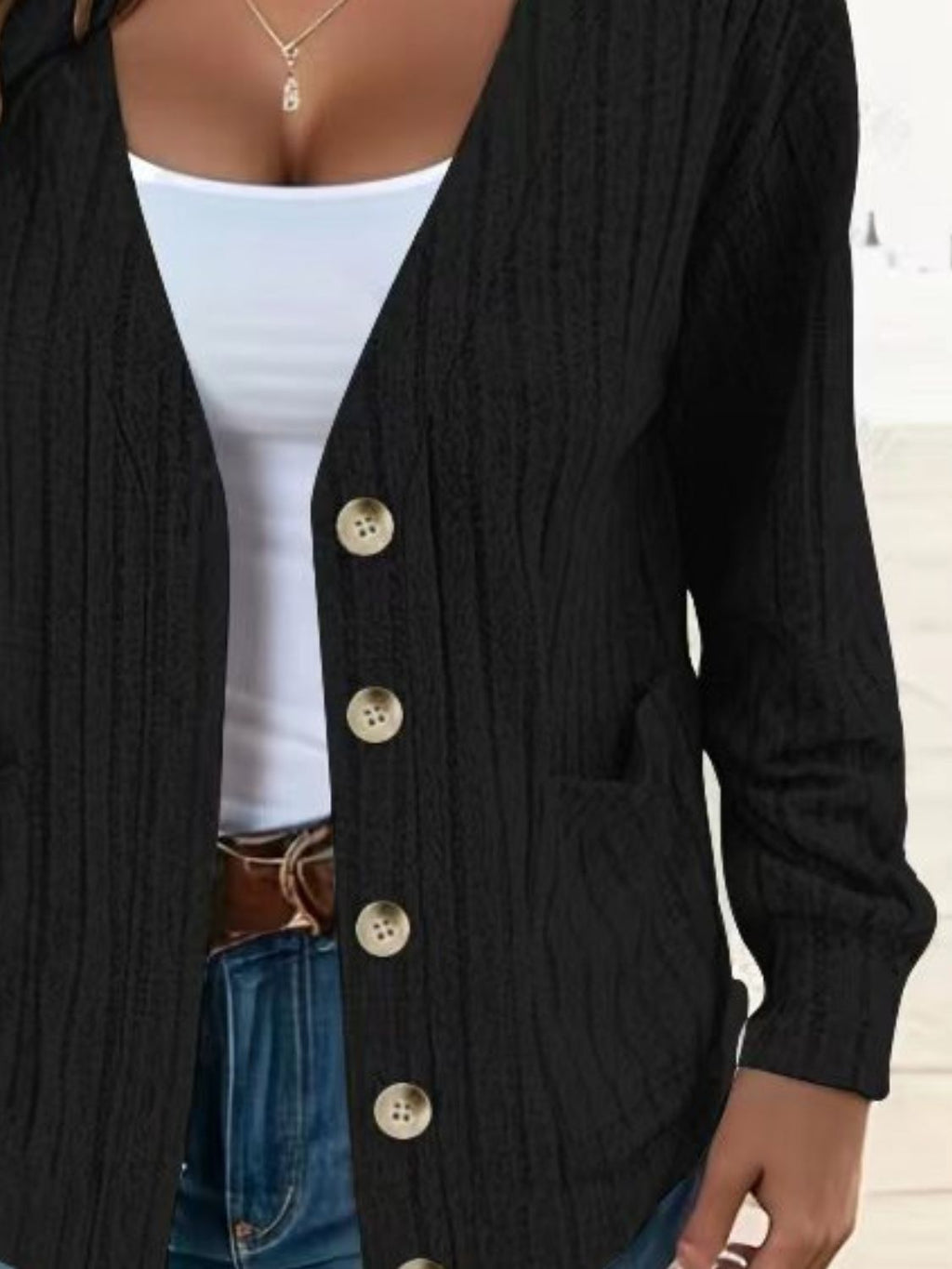 Full Size Button Up V-Neck Long Sleeve Cardigan by Wild and Free Boutique