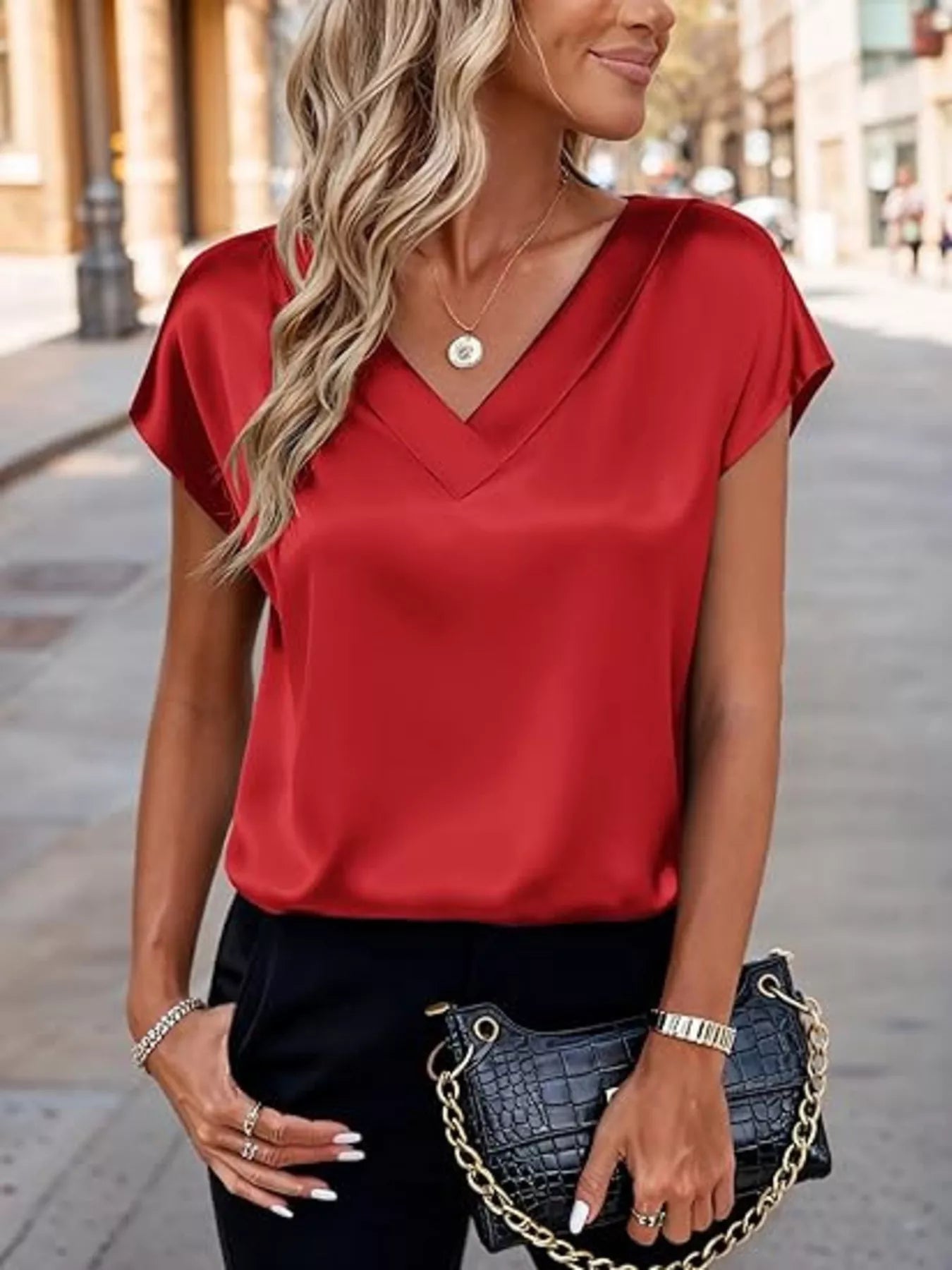 Satin V-Neck Short Sleeve Blouse by Wild and Free Boutique