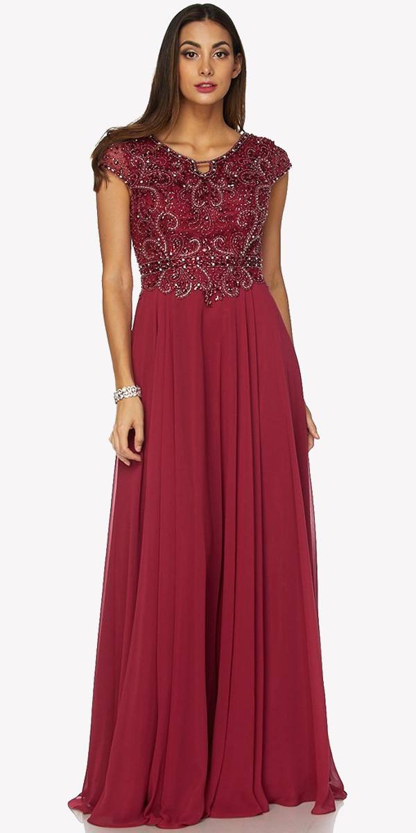 Juliet 657 Cap Sleeves Beaded Bodice A-line Long Dress by DiscountDressShop