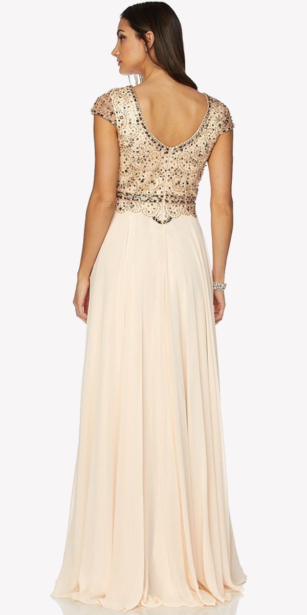 Juliet 657 Cap Sleeves Beaded Bodice A-line Long Dress by DiscountDressShop