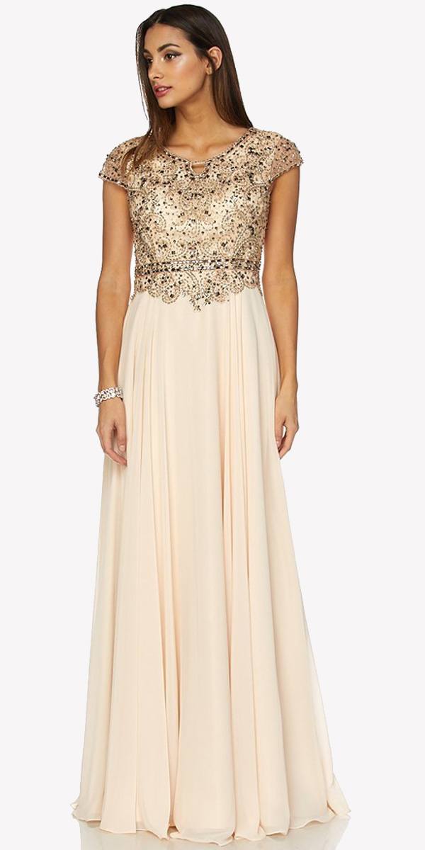 Juliet 657 Cap Sleeves Beaded Bodice A-line Long Dress by DiscountDressShop