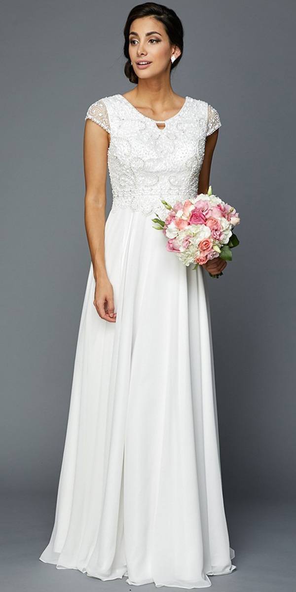 Juliet 657 Cap Sleeves Beaded Bodice A-line Long Dress by DiscountDressShop