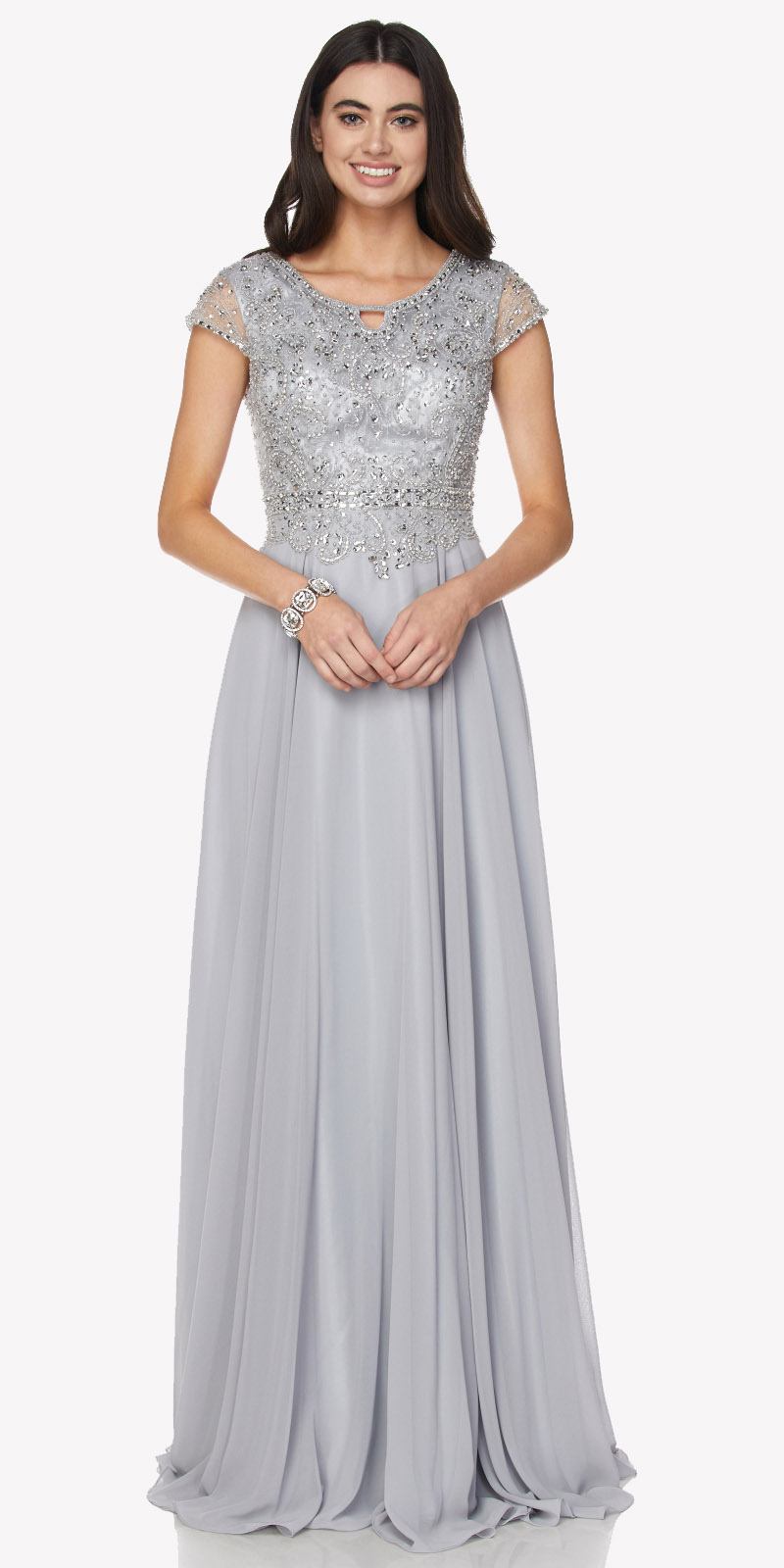 Juliet 657 Cap Sleeves Beaded Bodice A-line Long Dress by DiscountDressShop