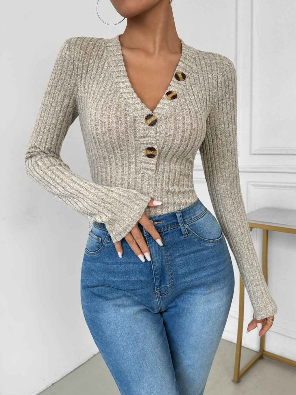 Perfee V-Neck Long Sleeve Bodysuit by Wild and Free Boutique