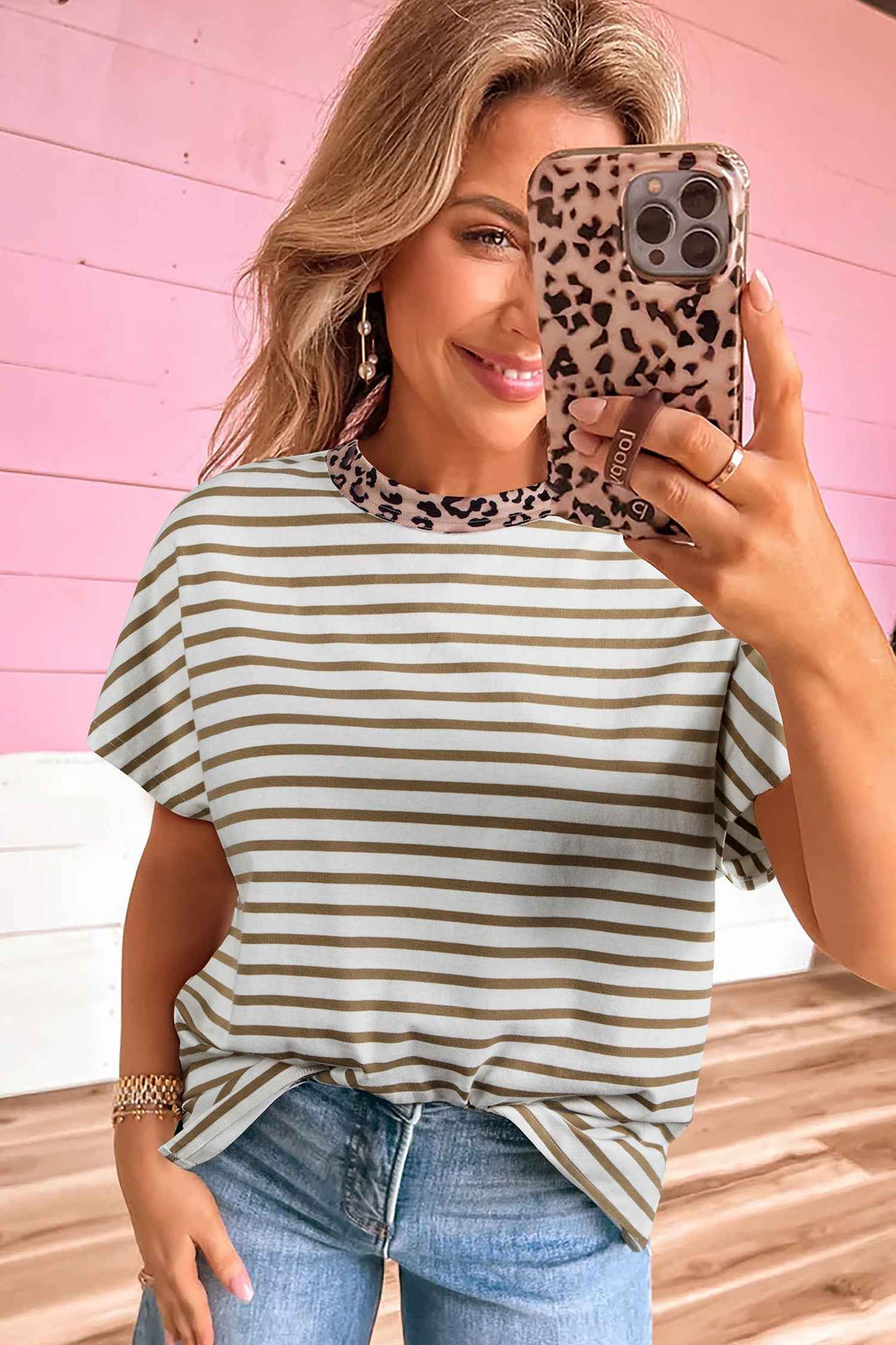 Khaki Stripe Leopard Patchwork Round Neck Loose T Shirt by Wild and Free Boutique