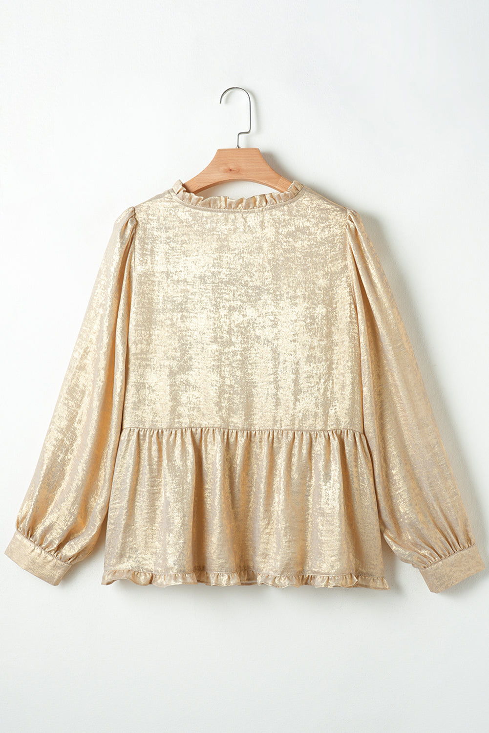 Gold Metallic Frilled V Neck Puff Sleeve Babydoll Blouse by Wild and Free Boutique