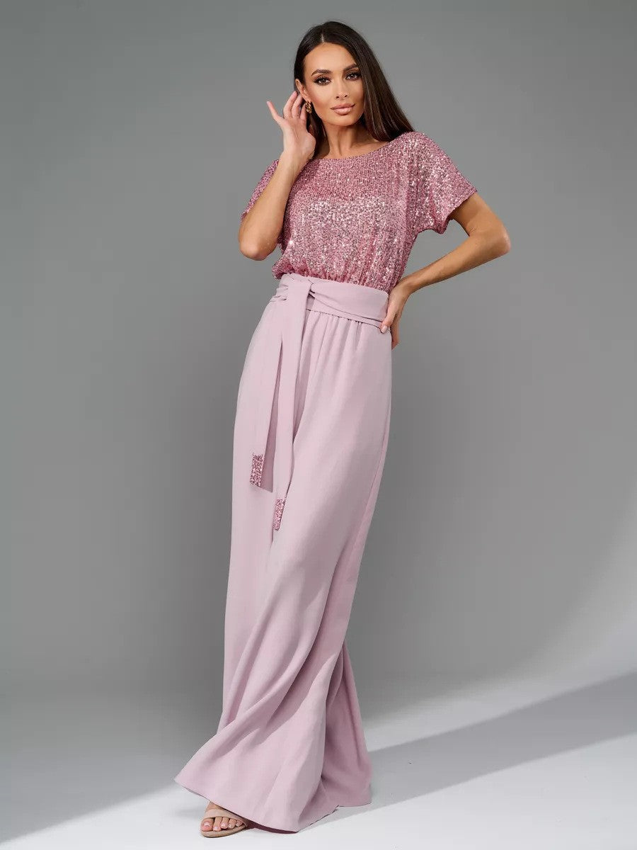 Full Size Sequin Round Neck Short Sleeve Wide Leg Jumpsuit by Wild and Free Boutique