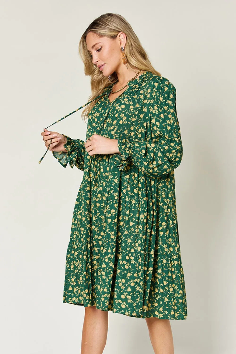Double Take Full Size Printed Ruffle Hem Long Sleeve Tiered Dress by Wild and Free Boutique