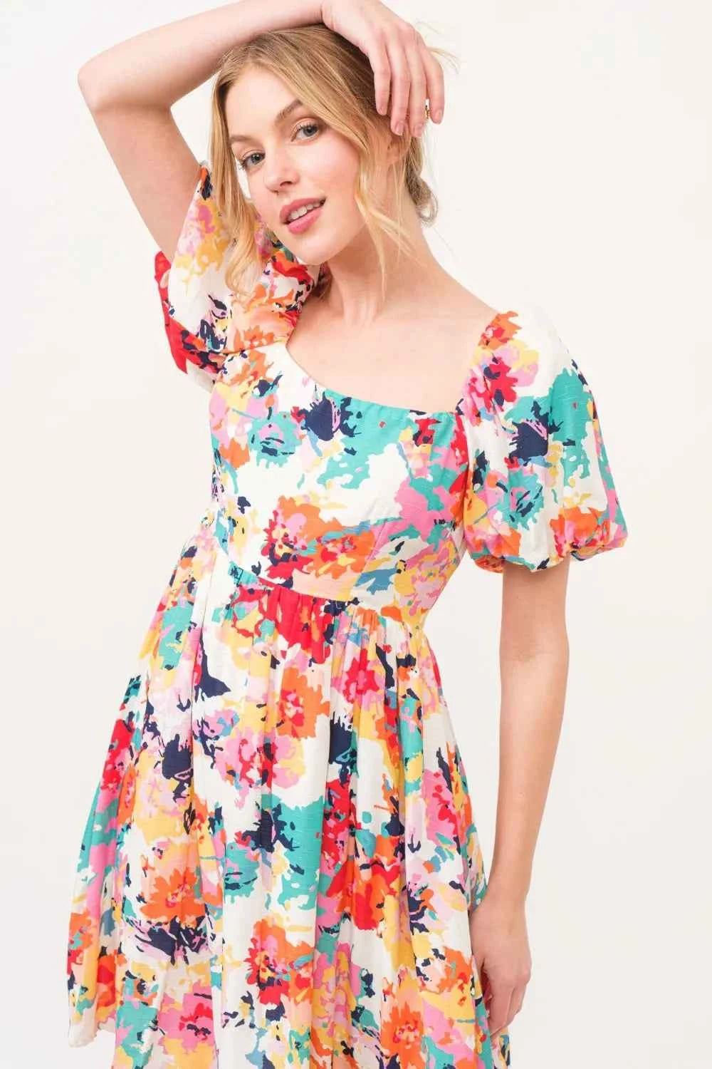 And The Why Square Neck Puff Sleeve Floral Dress by Wild and Free Boutique