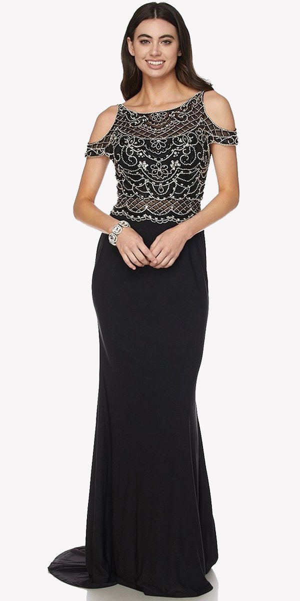 Juliet 660 Cold Shoulder Gown with V-Shape Open Back and Train by DiscountDressShop