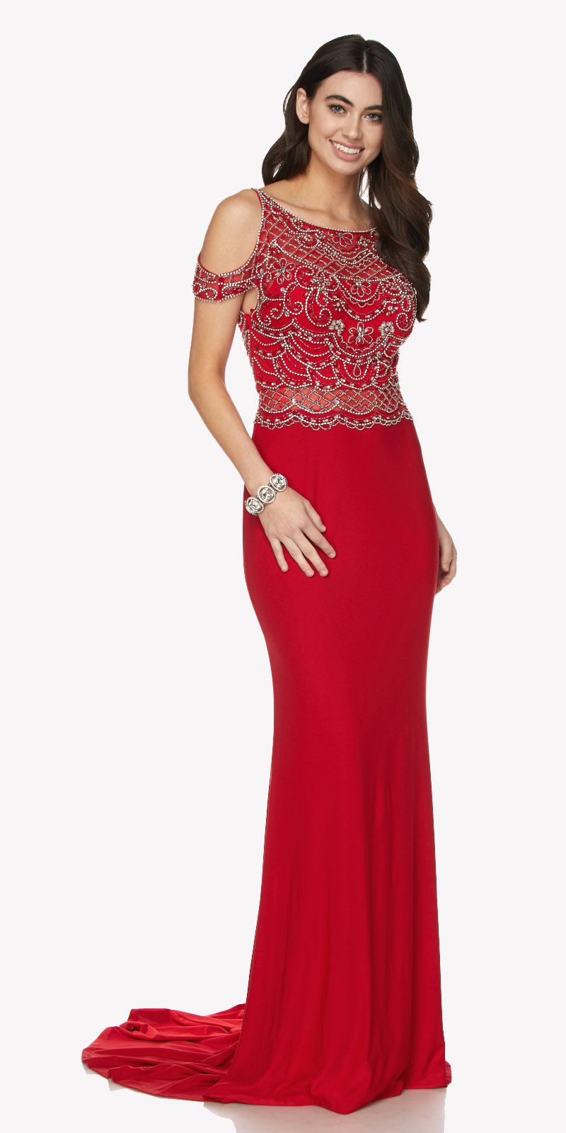Juliet 660 Cold Shoulder Gown with V-Shape Open Back and Train by DiscountDressShop