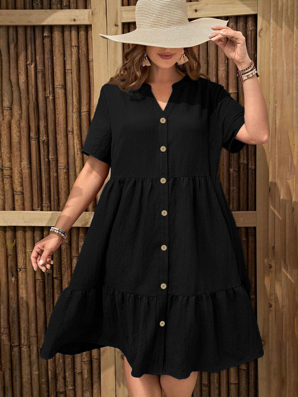 Plus-Size Button-Front V‑Neck Midi Dress by FitiqueFit