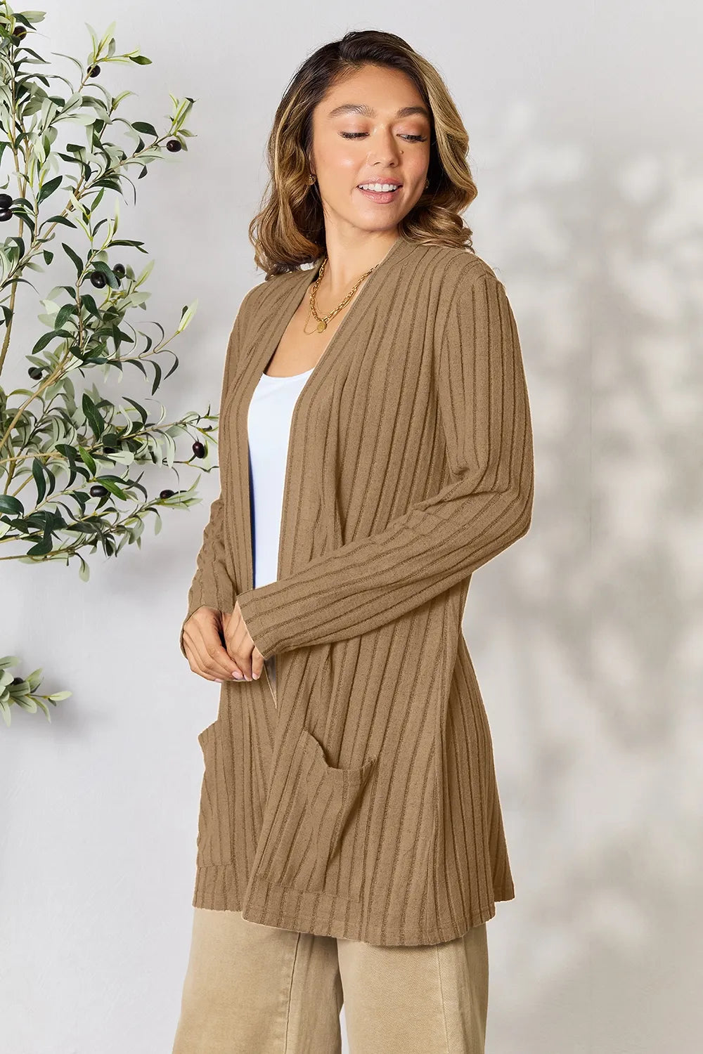Basic Bae Full Size Ribbed Open Front Cardigan with Pockets by Wild and Free Boutique