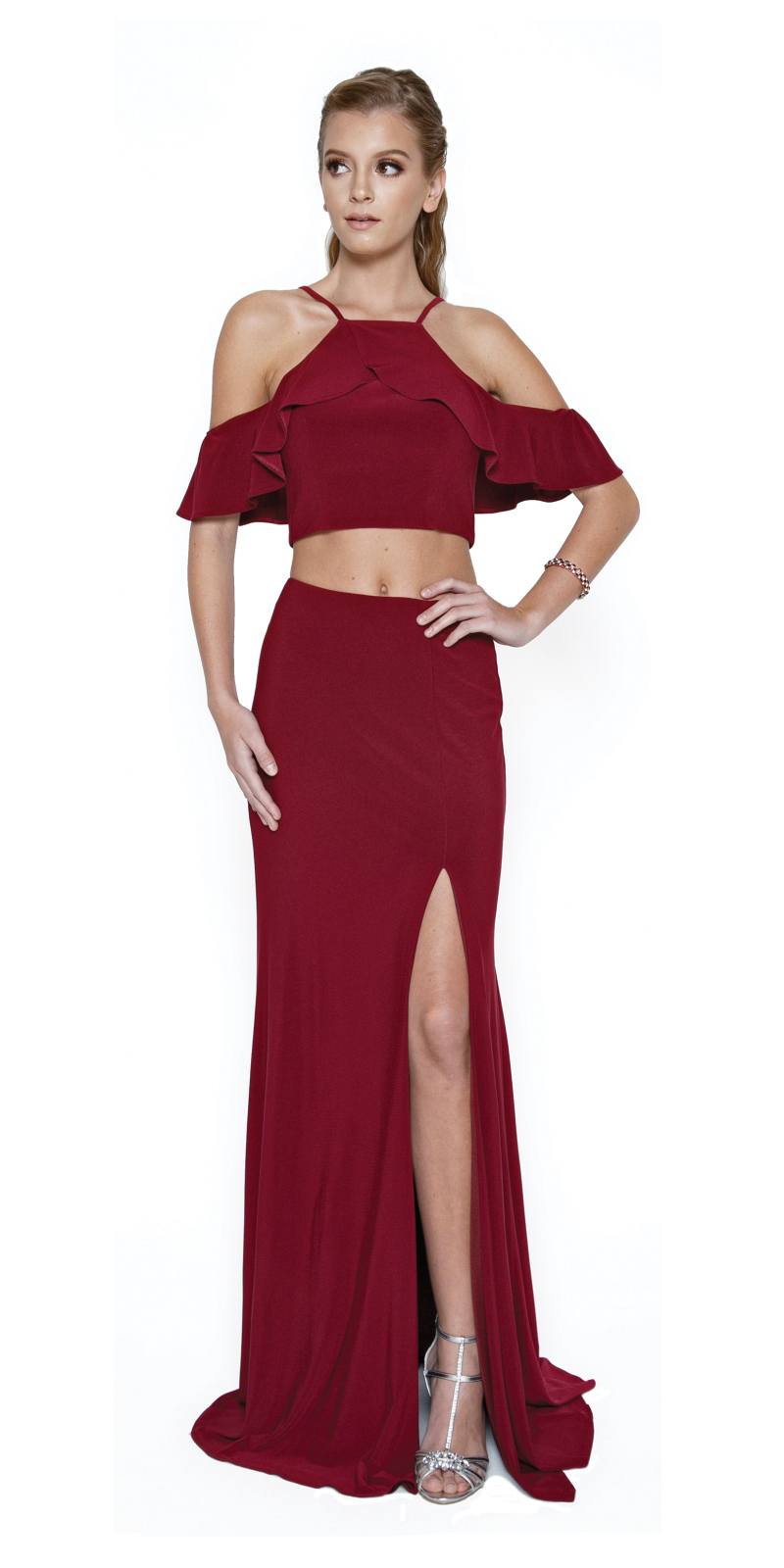 Juliet 662 Cold-Shoulder Two-Piece Gown with Slit by DiscountDressShop