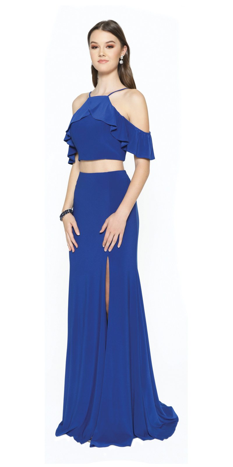 Juliet 662 Cold-Shoulder Two-Piece Gown with Slit by DiscountDressShop