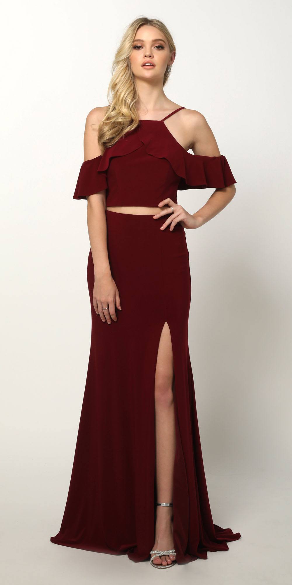 Juliet 662 Cold-Shoulder Two-Piece Gown with Slit by DiscountDressShop
