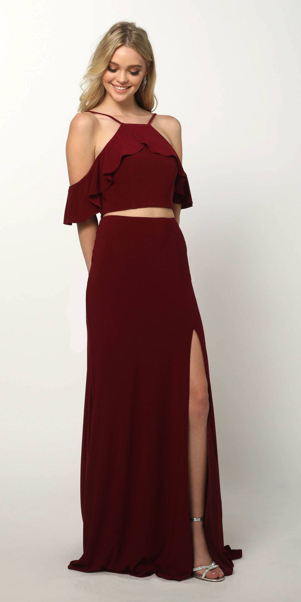 Juliet 662 Cold-Shoulder Two-Piece Gown with Slit by DiscountDressShop