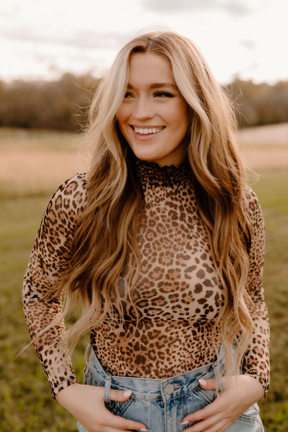 Brown Leopard Smocked Neck Mesh Long Sleeve Bodysuit by Dear-Lover Dropshipping