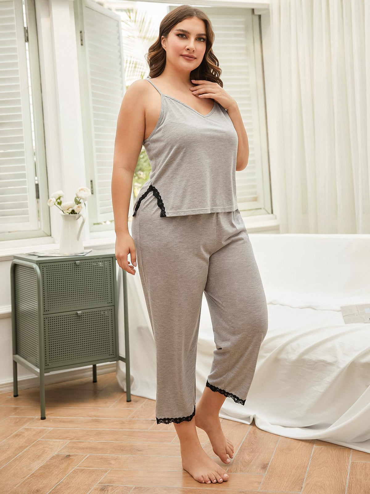 Plus Size Lace Trim Slit Cami and Pants Pajama Set by Wild and Free Boutique