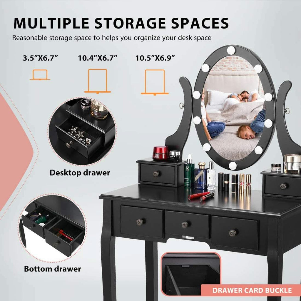 Three Color Dimmable LED Lighted Vanity Mirror Set With Built In Storage For Makeup Station by ShipItFurniture