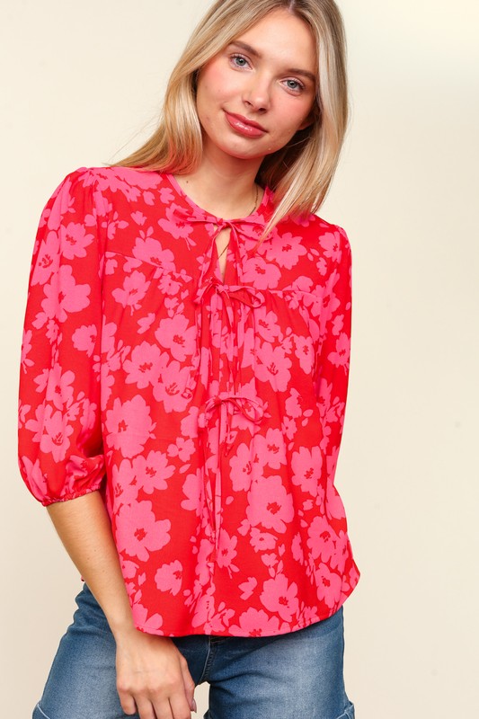 Haptics Full Size Ribbon Bow Floral Balloon Sleeve Blouse by Wild and Free Boutique